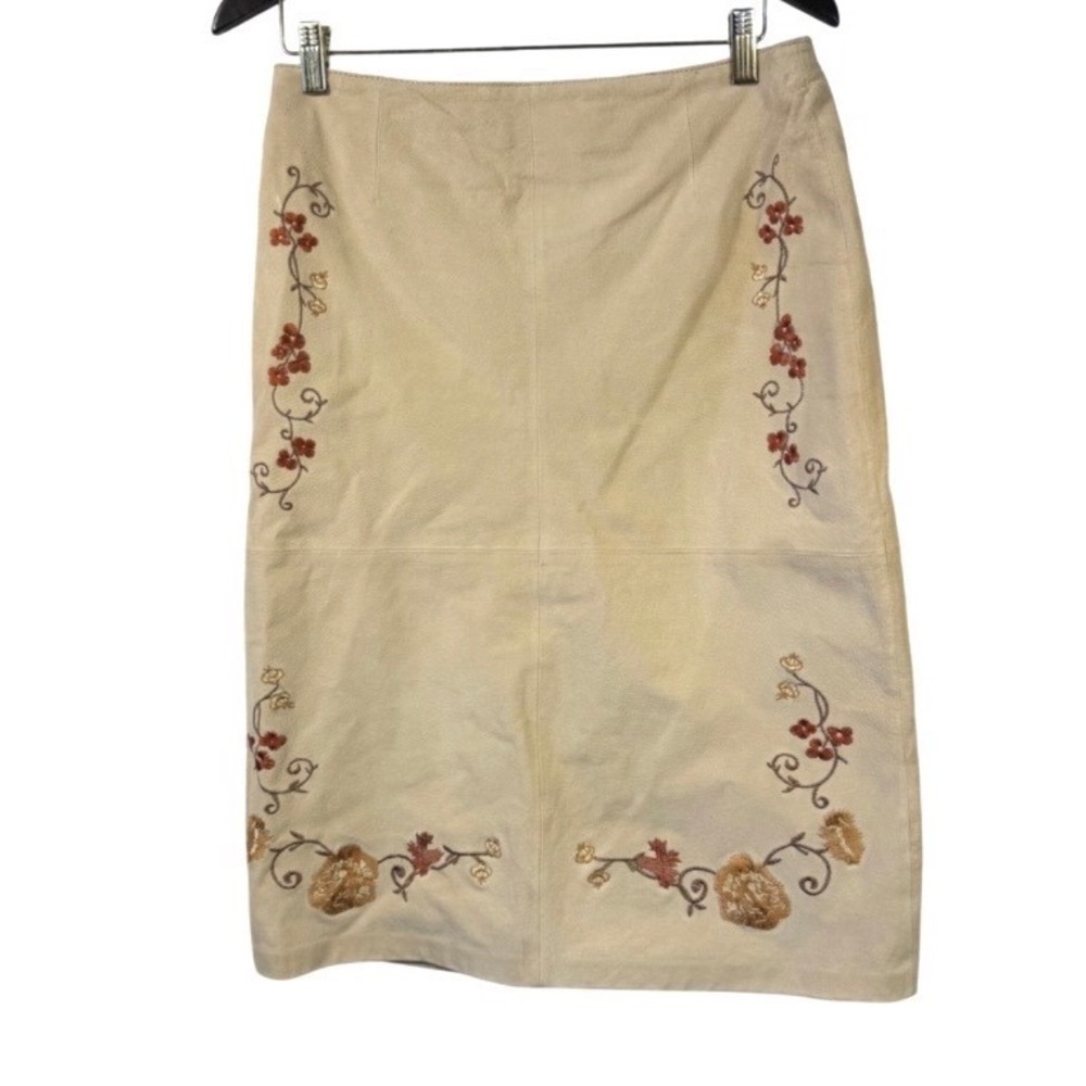 Vtg Nygard Collection Tan Suede Leather Floral Embroidered Skirt Boho Midi 10